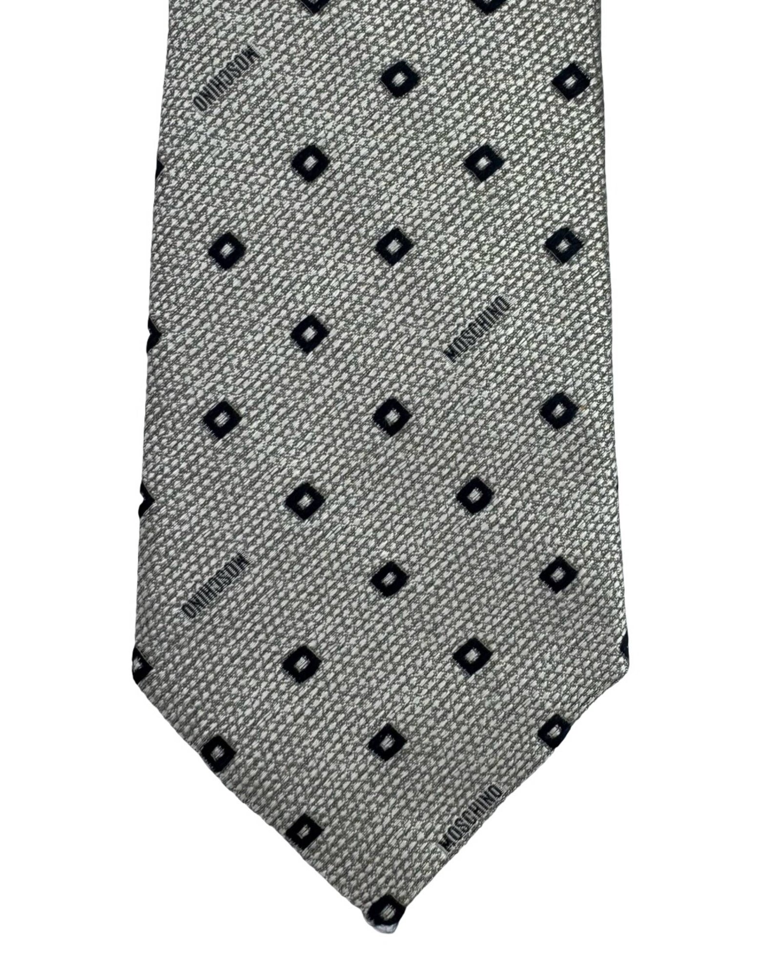 Moschino Silk Tie Silver Grey Logo Mini Squares