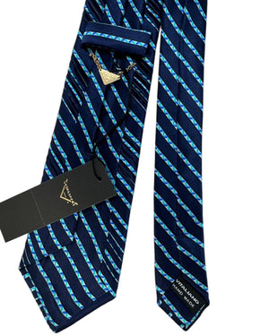 Vitaliano Pancaldi Pleated Silk Navy Blue Geometric Stripe