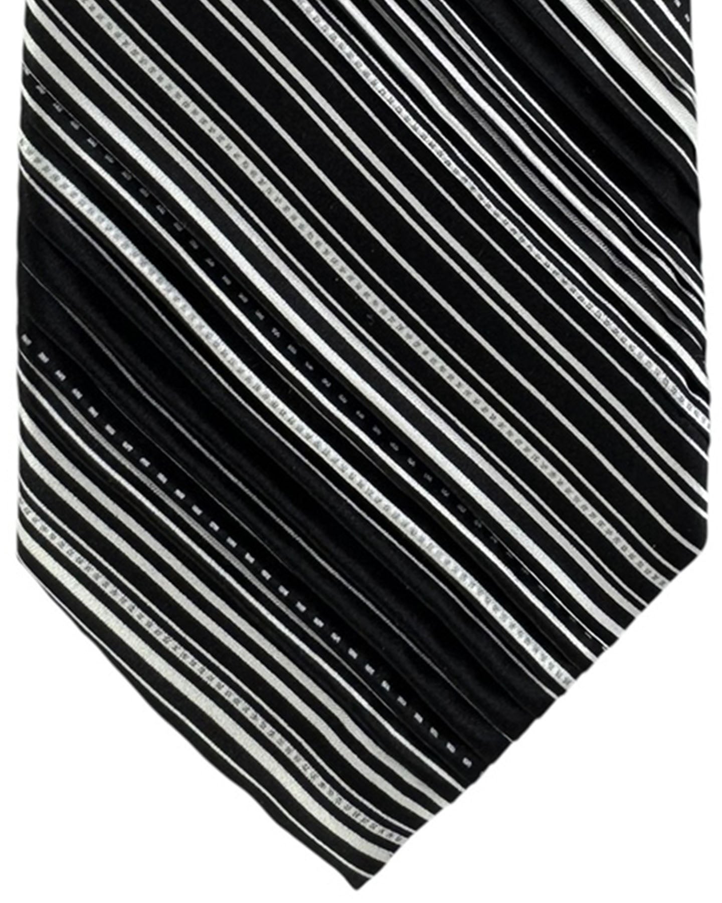 Vitaliano Pancaldi Pleated Silk Tie Black and Gray Monochrome Stripe