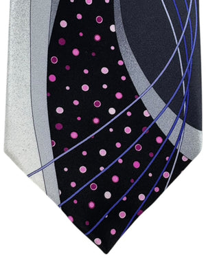 Vitaliano Pancaldi Silk Tie Silver Abstract Waves with Pink Accents