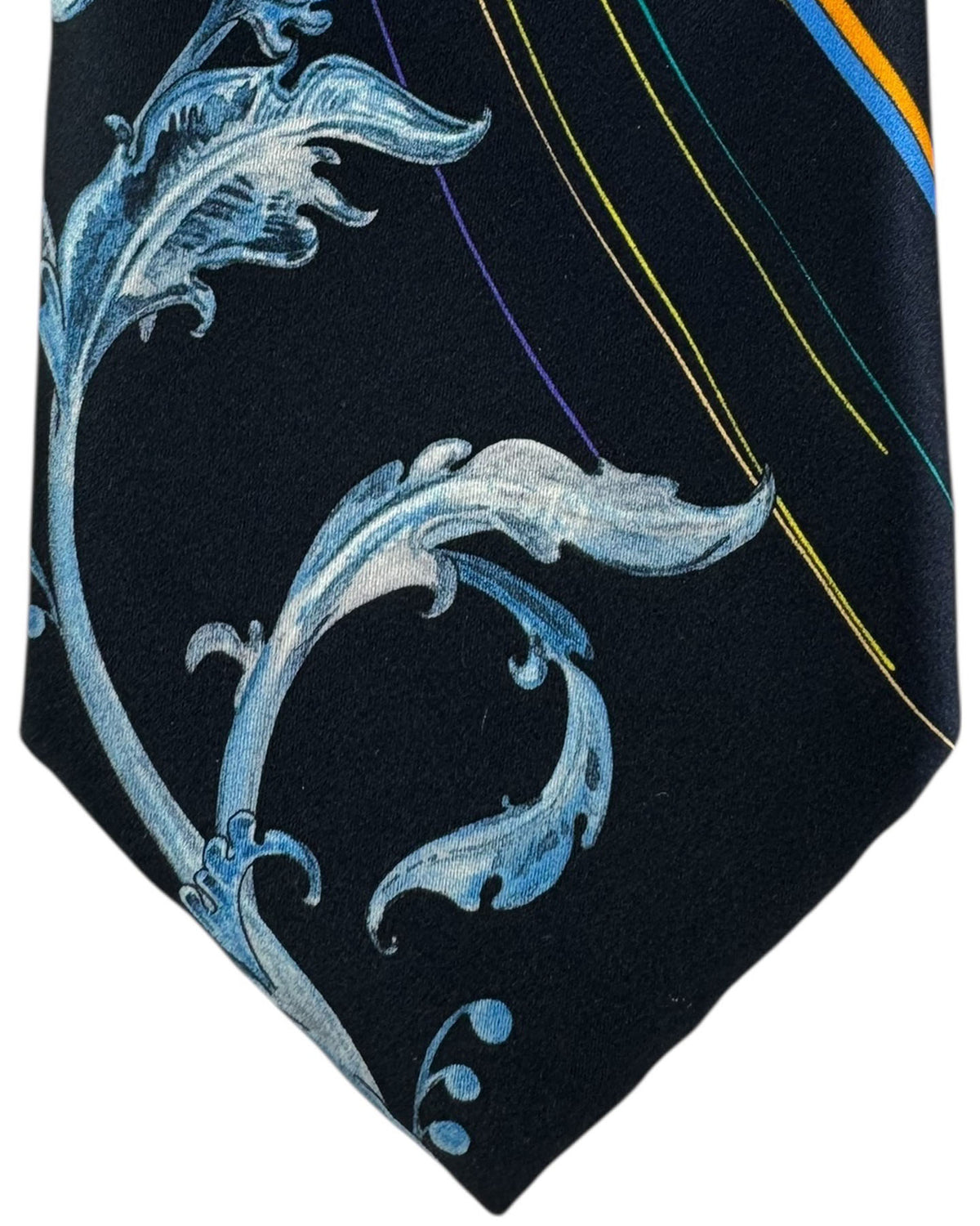 Vitaliano Pancaldi Silk Tie Black With Blue Scrollwork And Multicolor Stripes