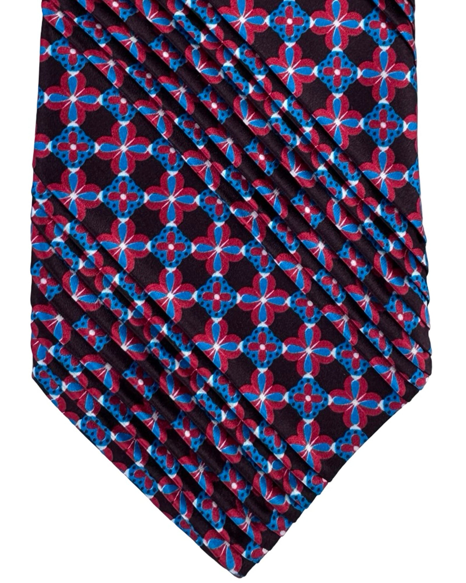 Vitaliano Pancaldi Pleated Silk Tie Black Bordeaux And Blue Medallion