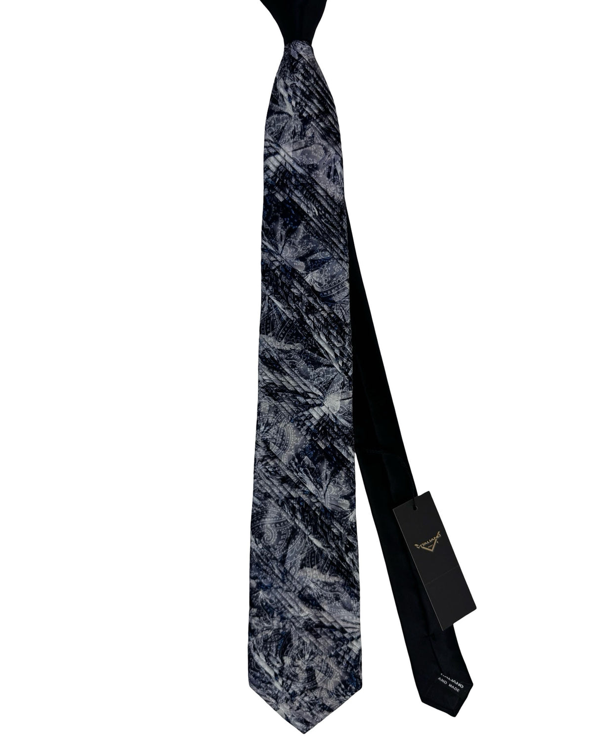 Vitaliano Pancaldi Pleated Silk Tie Charcoal Gray And Black Paisley