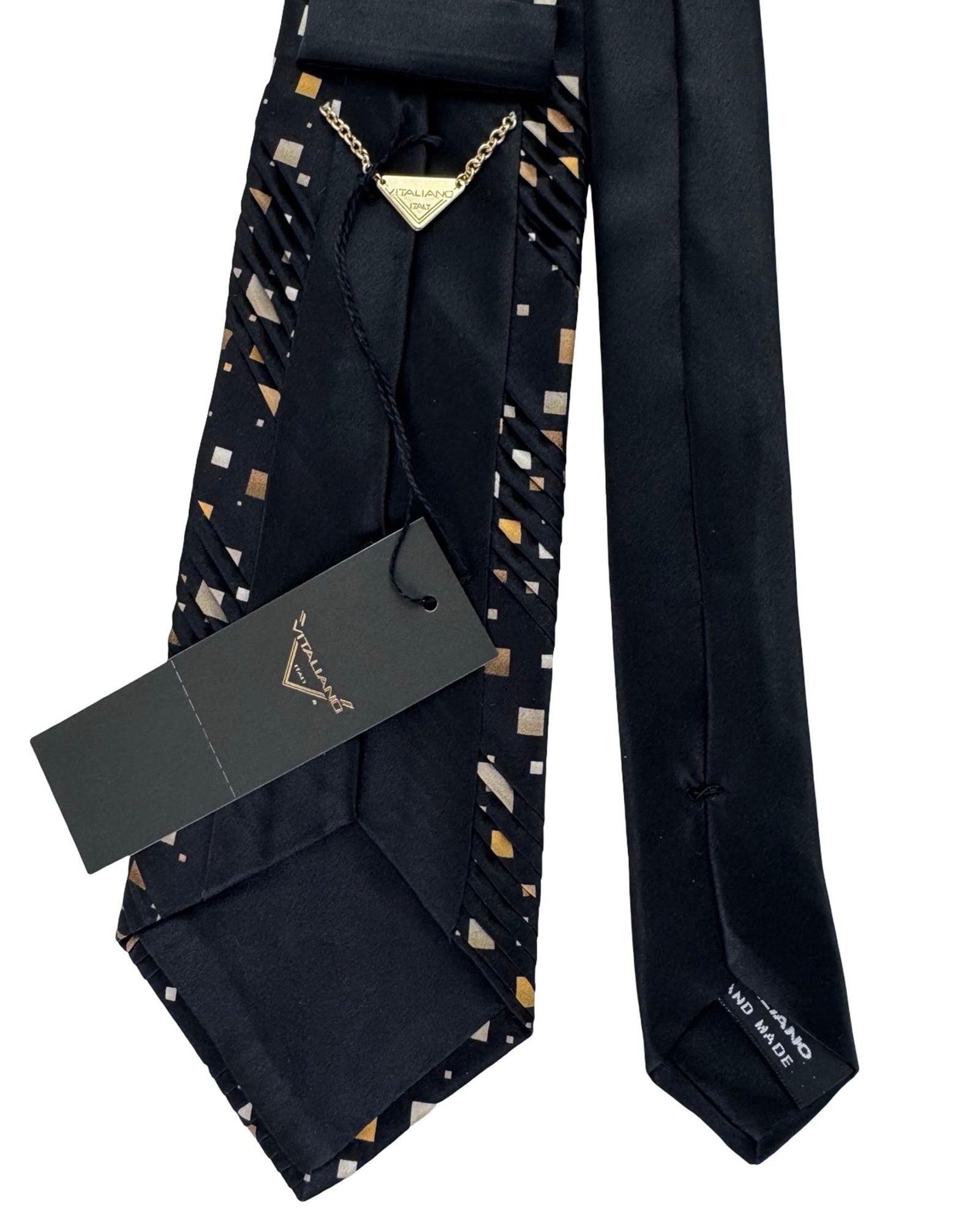 Vitaliano Pancaldi Pleated Silk Tie Black And Gold Abstract Square