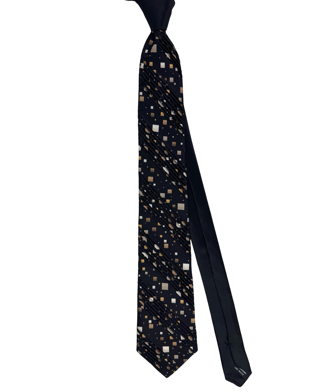 Vitaliano Pancaldi Pleated Silk Tie Black And Gold Abstract Square
