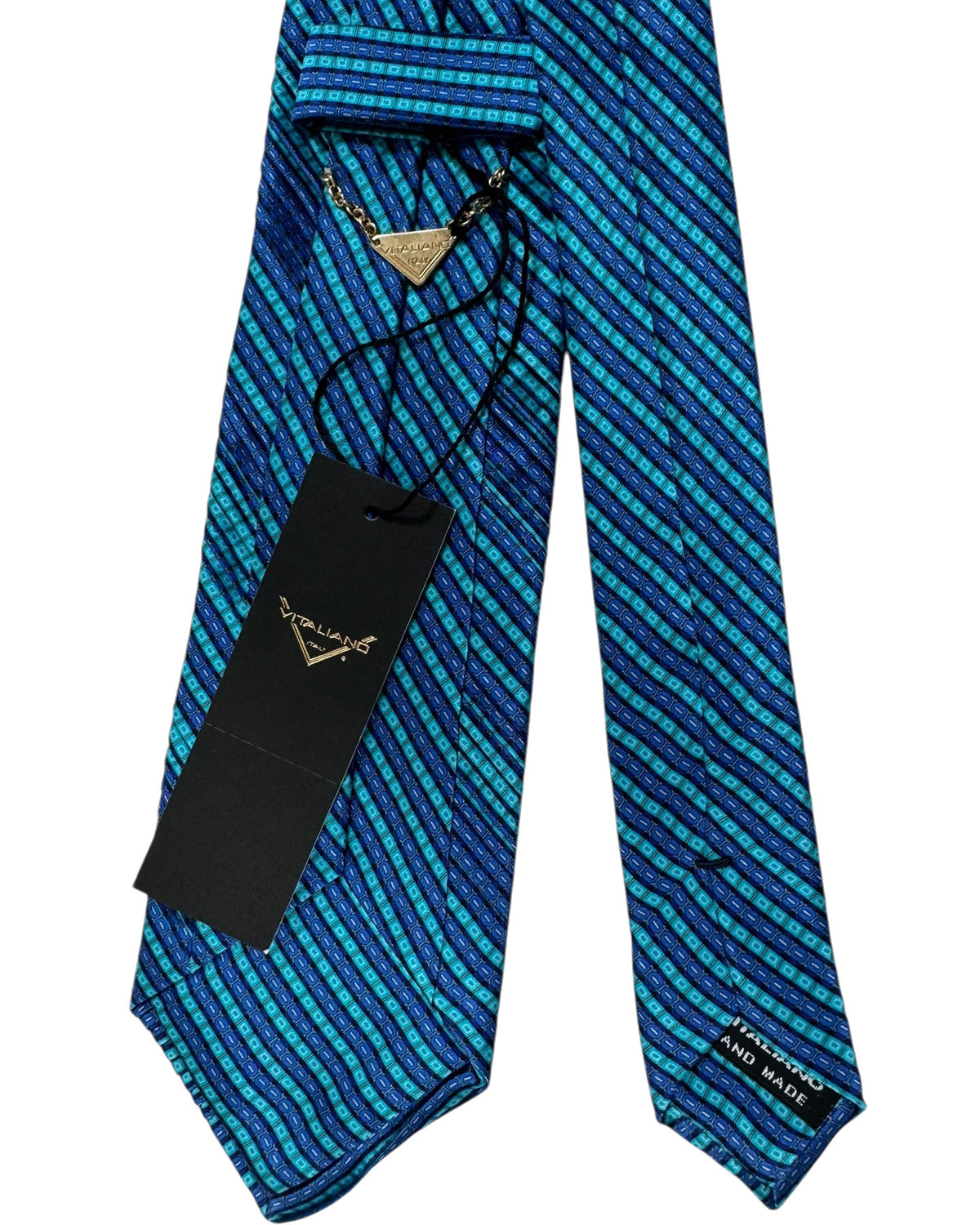 Vitaliano Pancaldi Pleated Silk Tie Aqua Blue Stripes