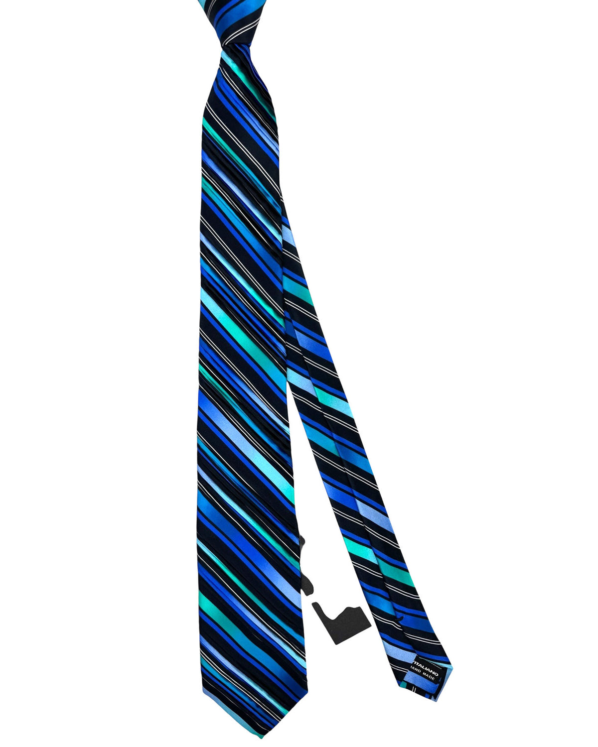 Vitaliano Pancaldi Pleated Silk Tie Black Royal Blue Aqua Stripes