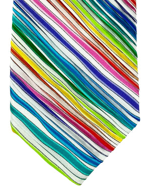 Vitaliano Pancaldi PLEATED SILK Tie White Lime Orange Aqua Stripes Design