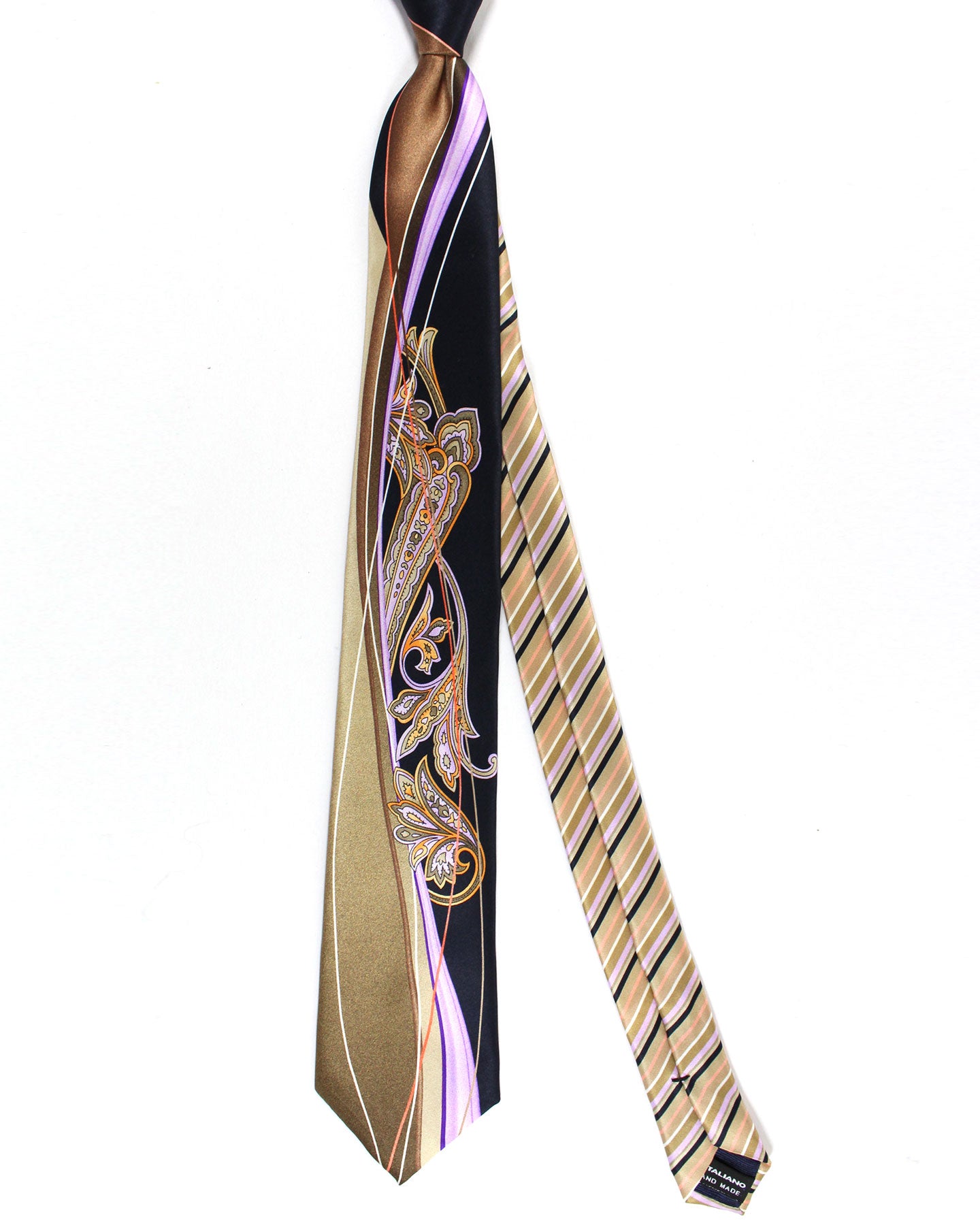Vitaliano Pancaldi Silk Tie Black Taupe Lilac Ornamental Swirl Design