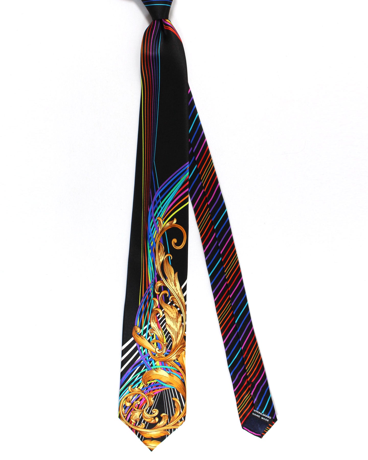 Vitaliano Pancaldi Silk Tie Black Brown Gold Multi Colored Swirl Ornamental Design
