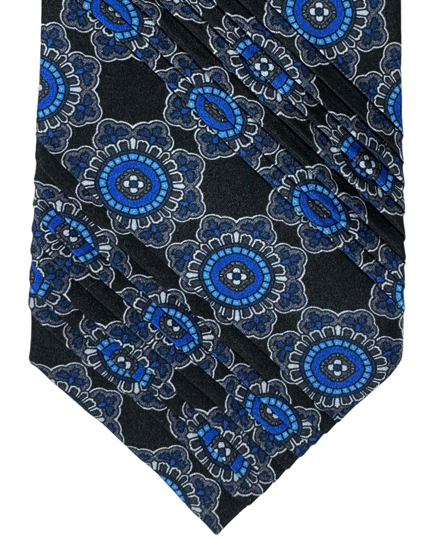 Vitaliano Pancaldi Pleated Silk Tie Black Royal Blue Medallions