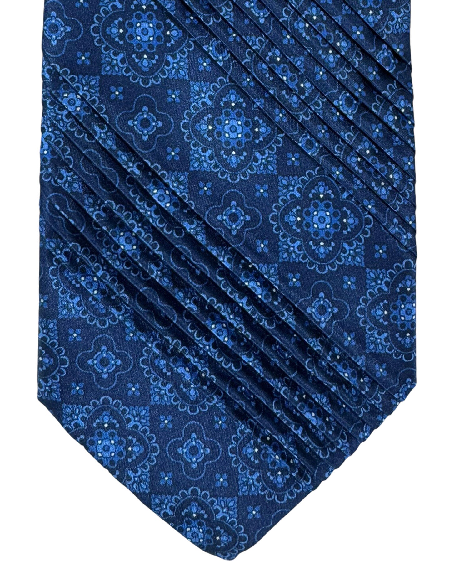 Vitaliano Pancaldi Pleated Silk Tie Dark Blue Blue Medallions