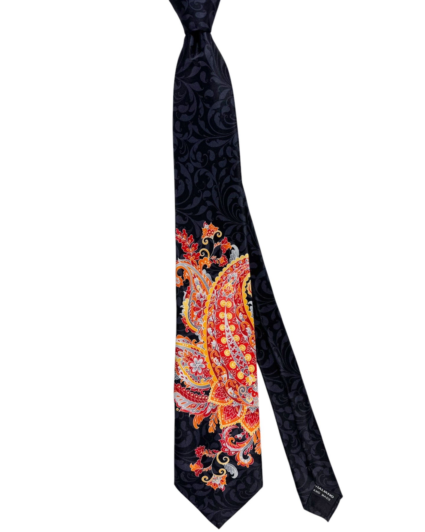 Vitaliano Pancaldi Silk Tie Black Red Orange Ornamental Design