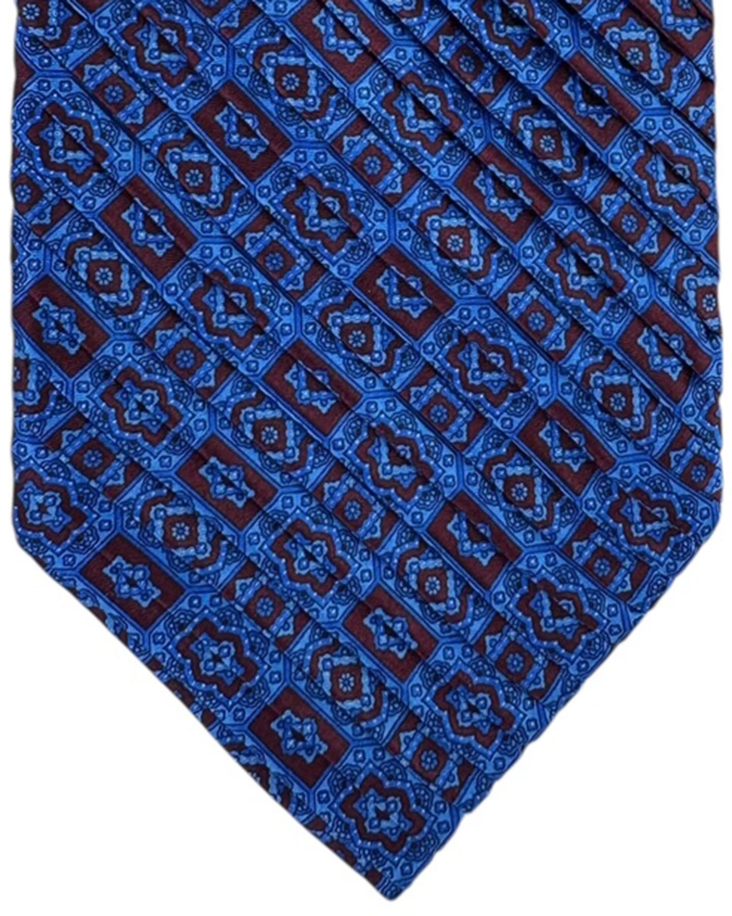 Stefano Ricci Pleated Silk Tie Blue Brown Geometric Medallion Pattern