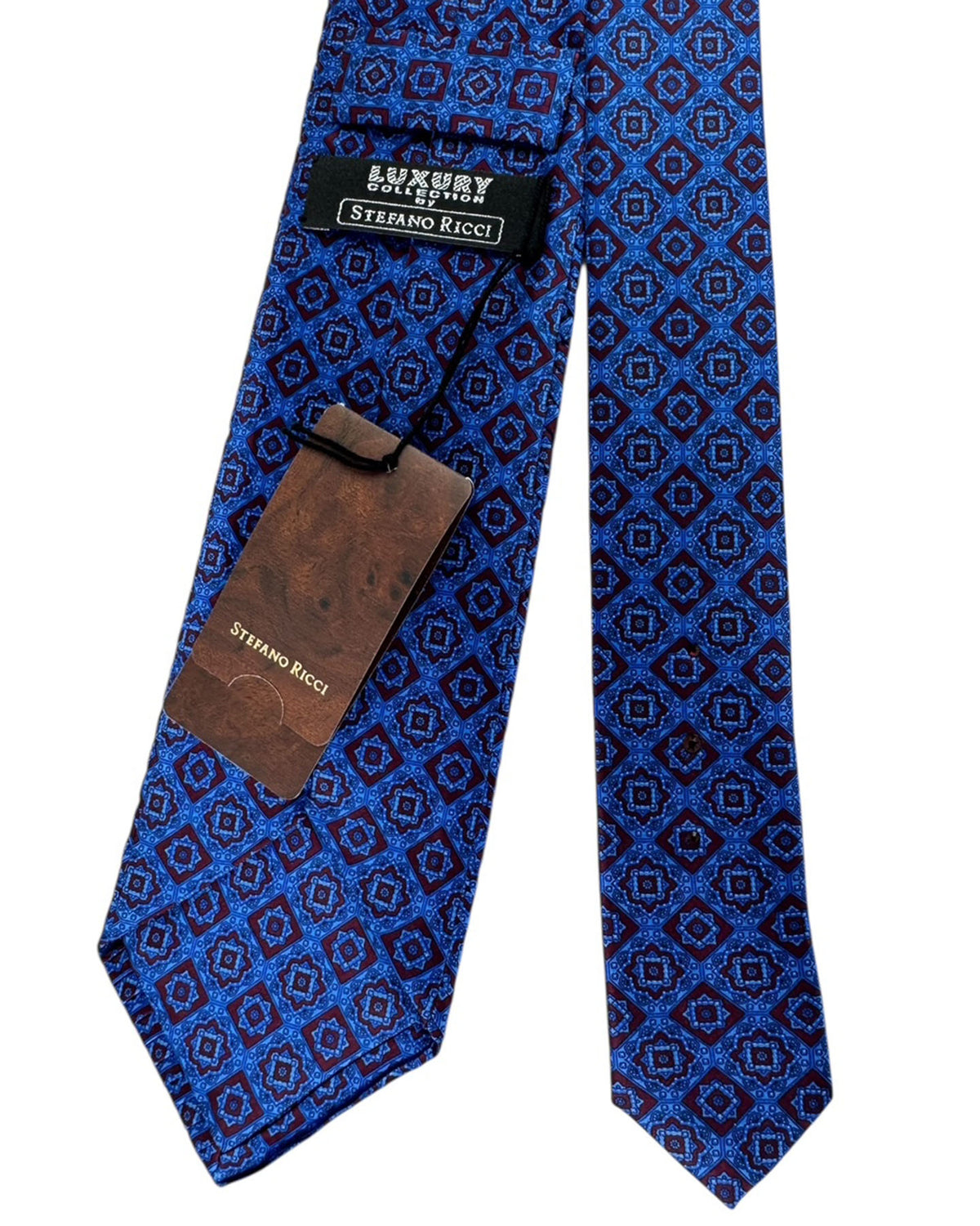 Stefano Ricci Silk Tie Blue Brown Geometric Medallion Pattern