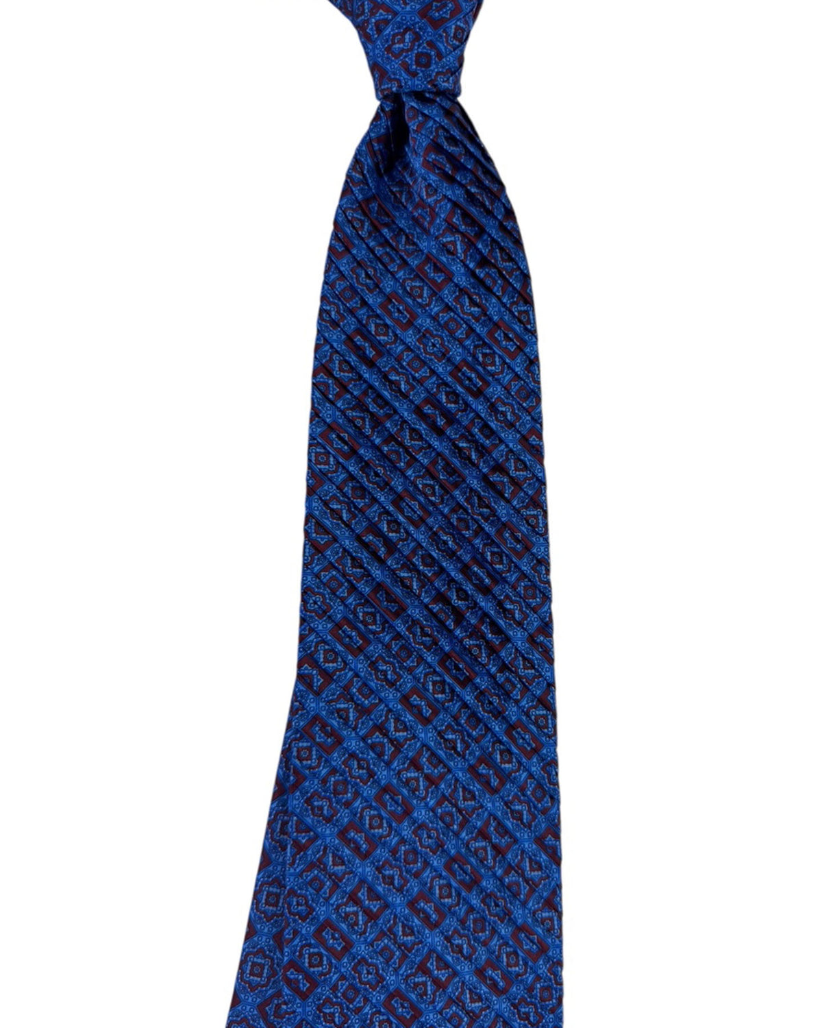 Stefano Ricci Pleated Silk Tie Maroon Royal Blue Geometric Medallion Pattern