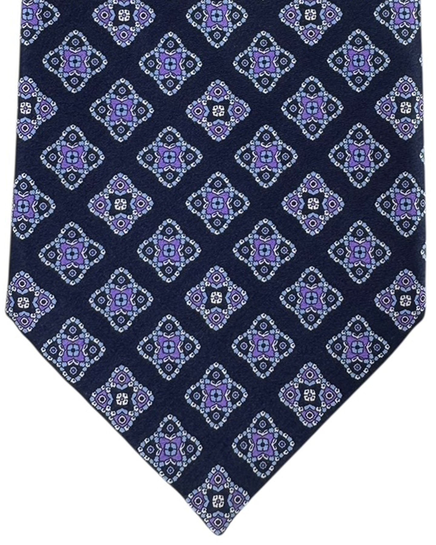 Stefano Ricci Pleated Silk Tie Navy Purple Medallion Diamond Pattern