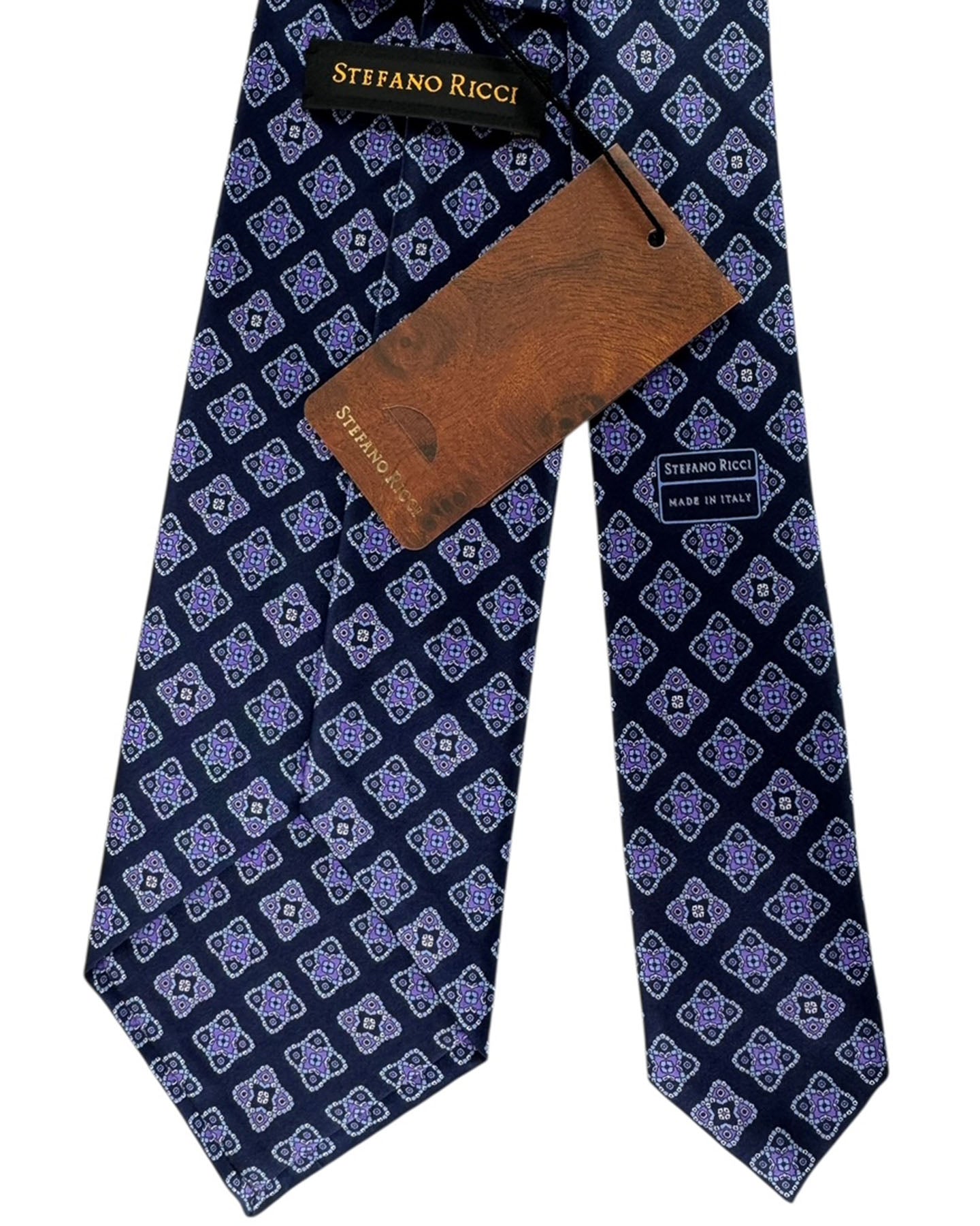Stefano Ricci Pleated Silk Tie Navy Purple Medallion Diamond Pattern