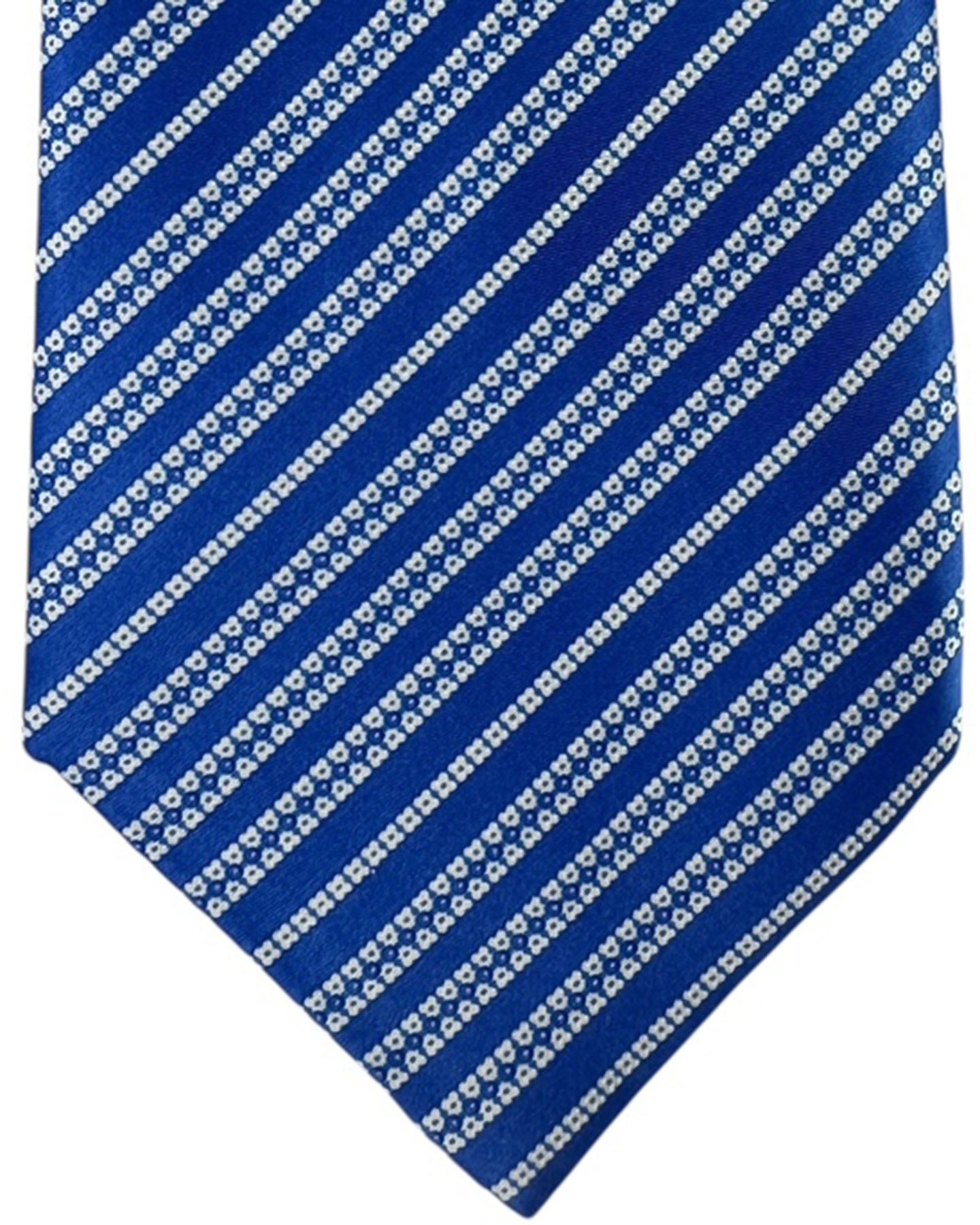 Stefano Ricci Pleated Silk Tie Blue White Floral Stripe Pattern
