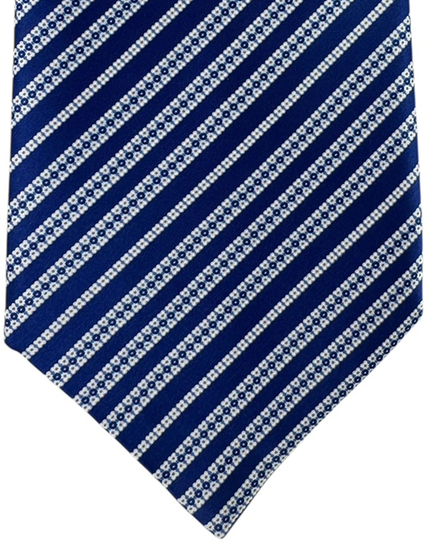 Stefano Ricci Pleated Silk Tie Navy White Floral Stripe Pattern