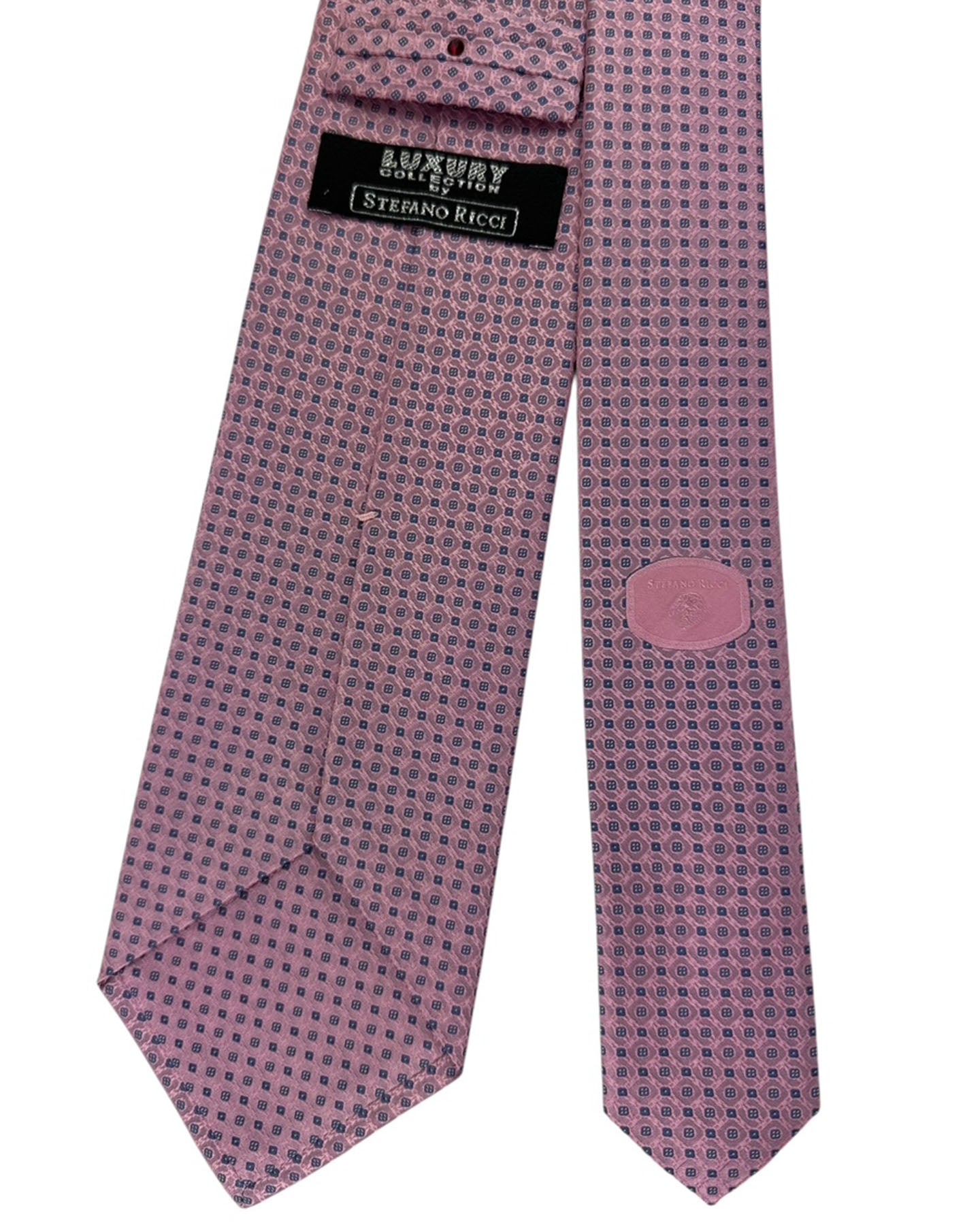 Stefano Ricci Pleated Silk Tie Pink Lavender Blue Micro Medallion Pattern