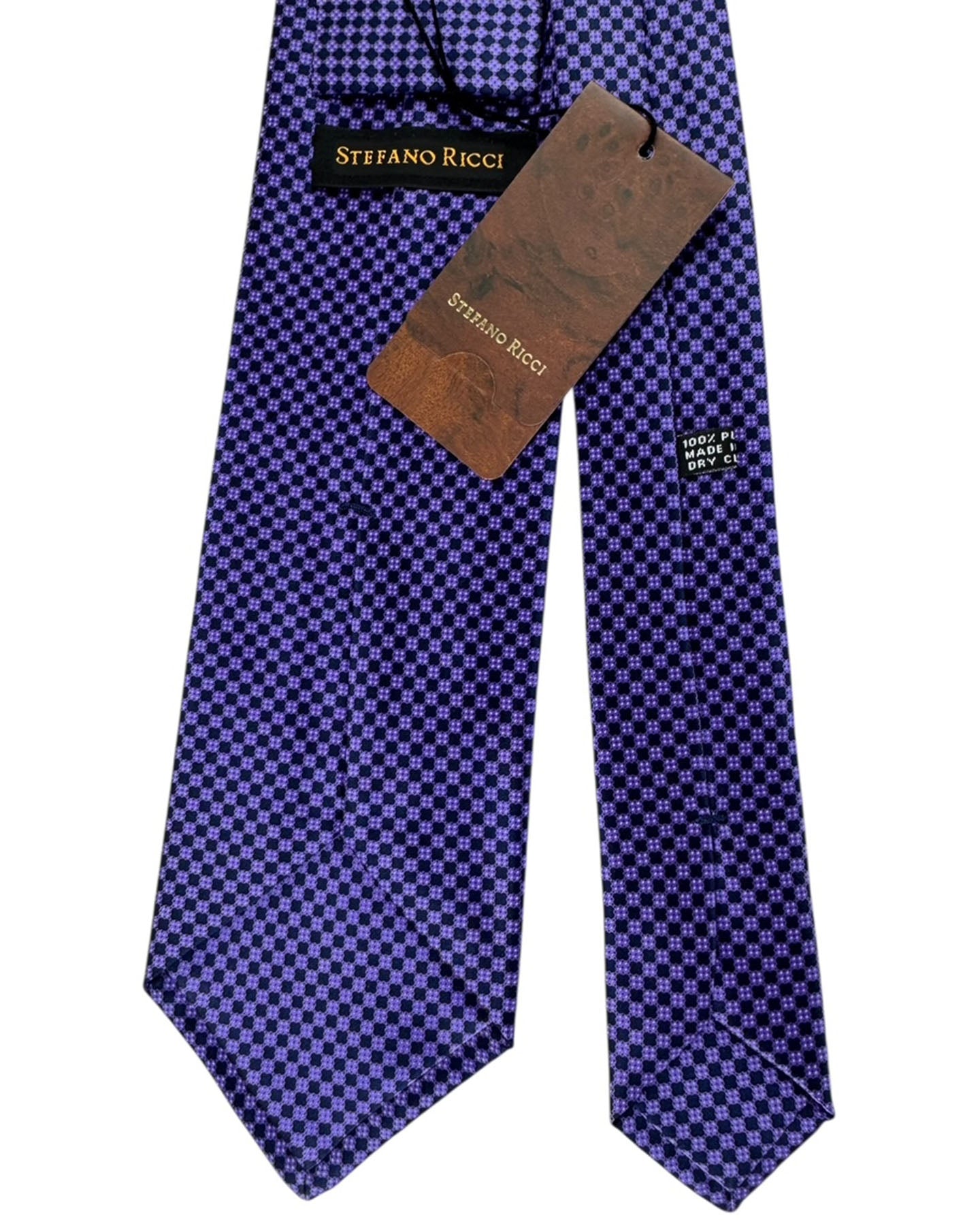 Stefano Ricci Pleated Silk Tie Purple Navy Checker Micro Pattern