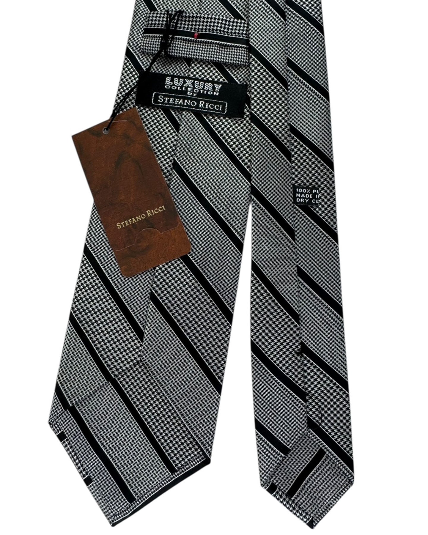 Stefano Ricci Pleated Silk Tie Black White Stripe and Houndstooth Pattern