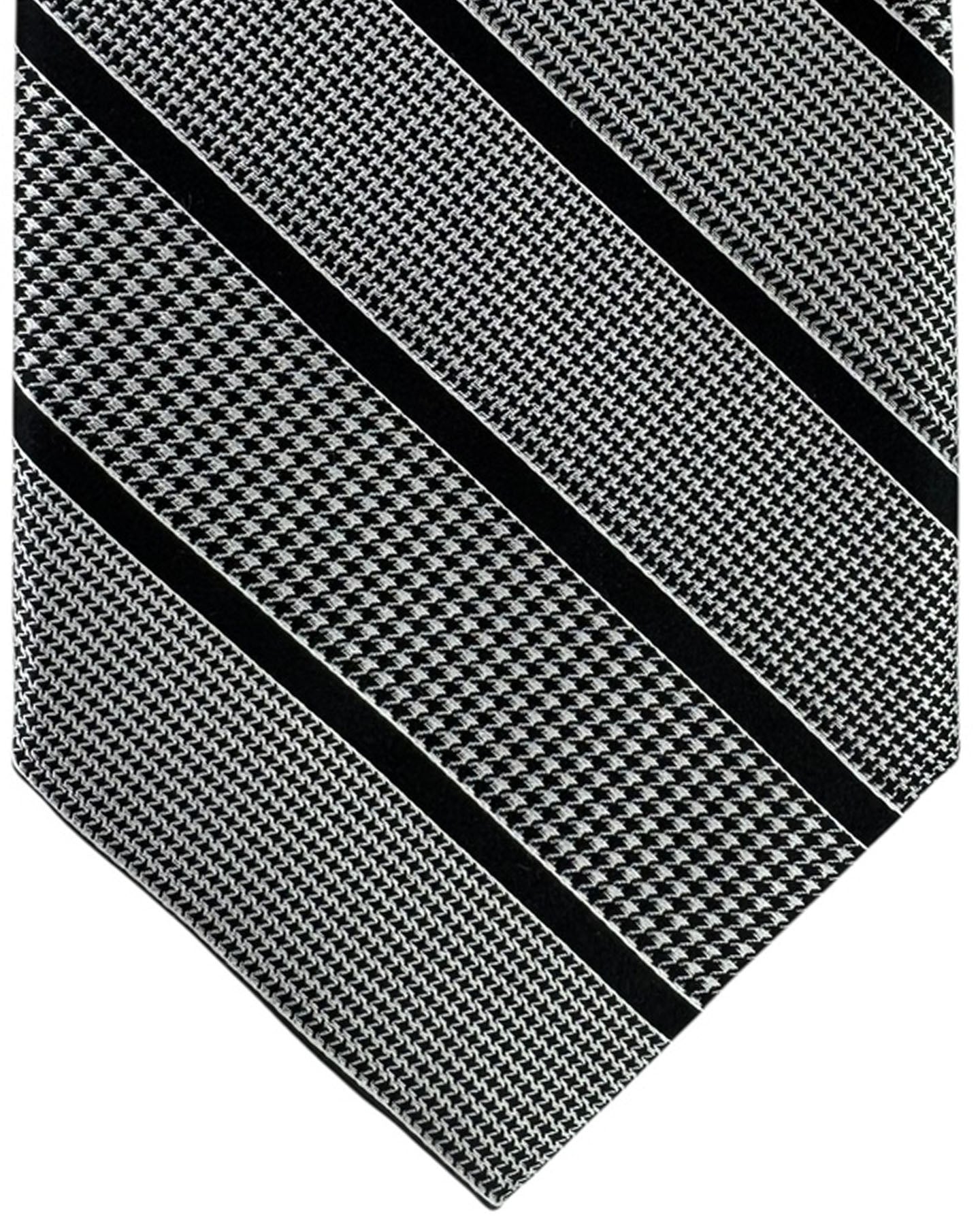 Stefano Ricci Pleated Silk Tie Black White Stripe and Houndstooth Pattern