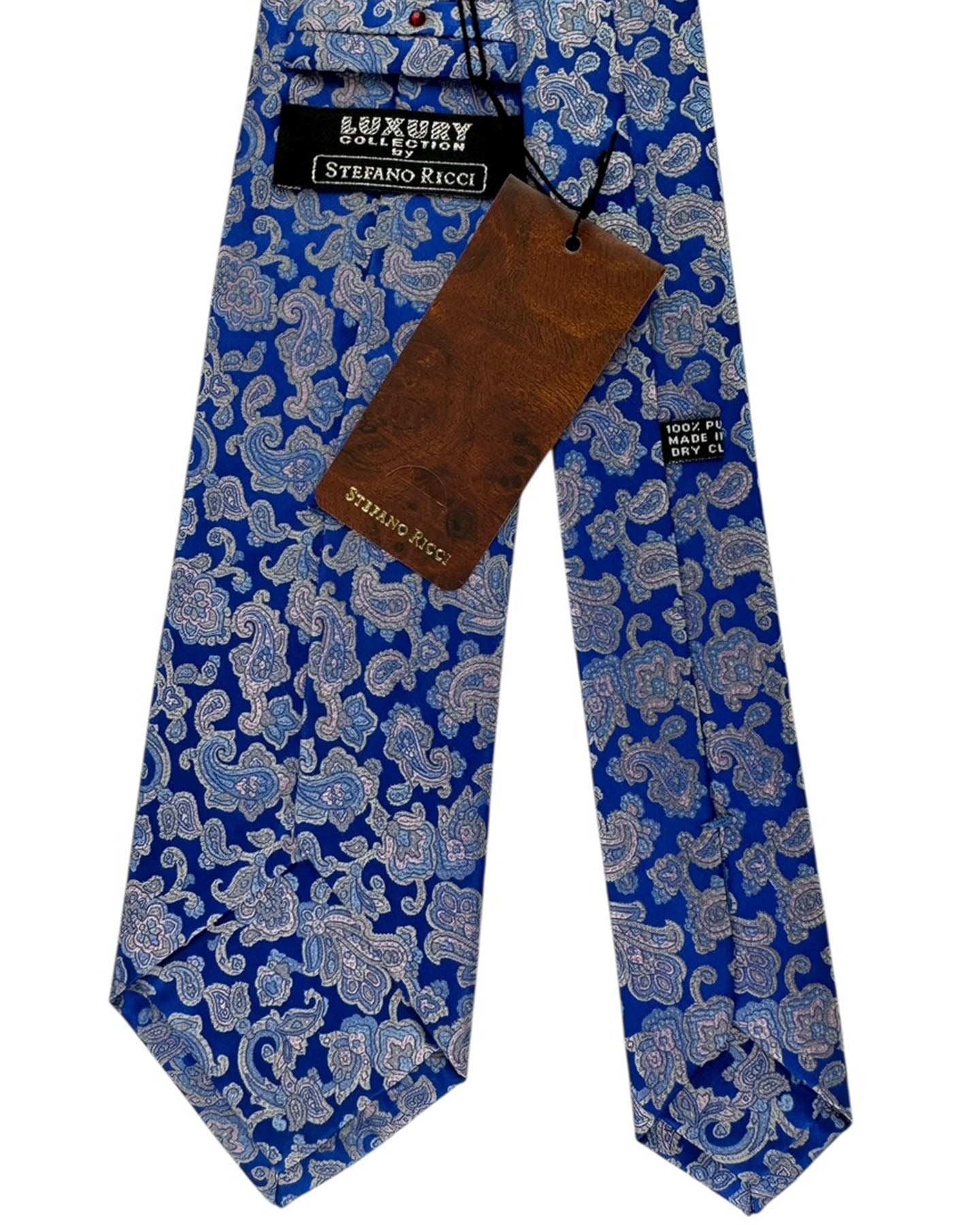 Stefano Ricci Pleated Silk Tie Blue Paisley Floral Pattern