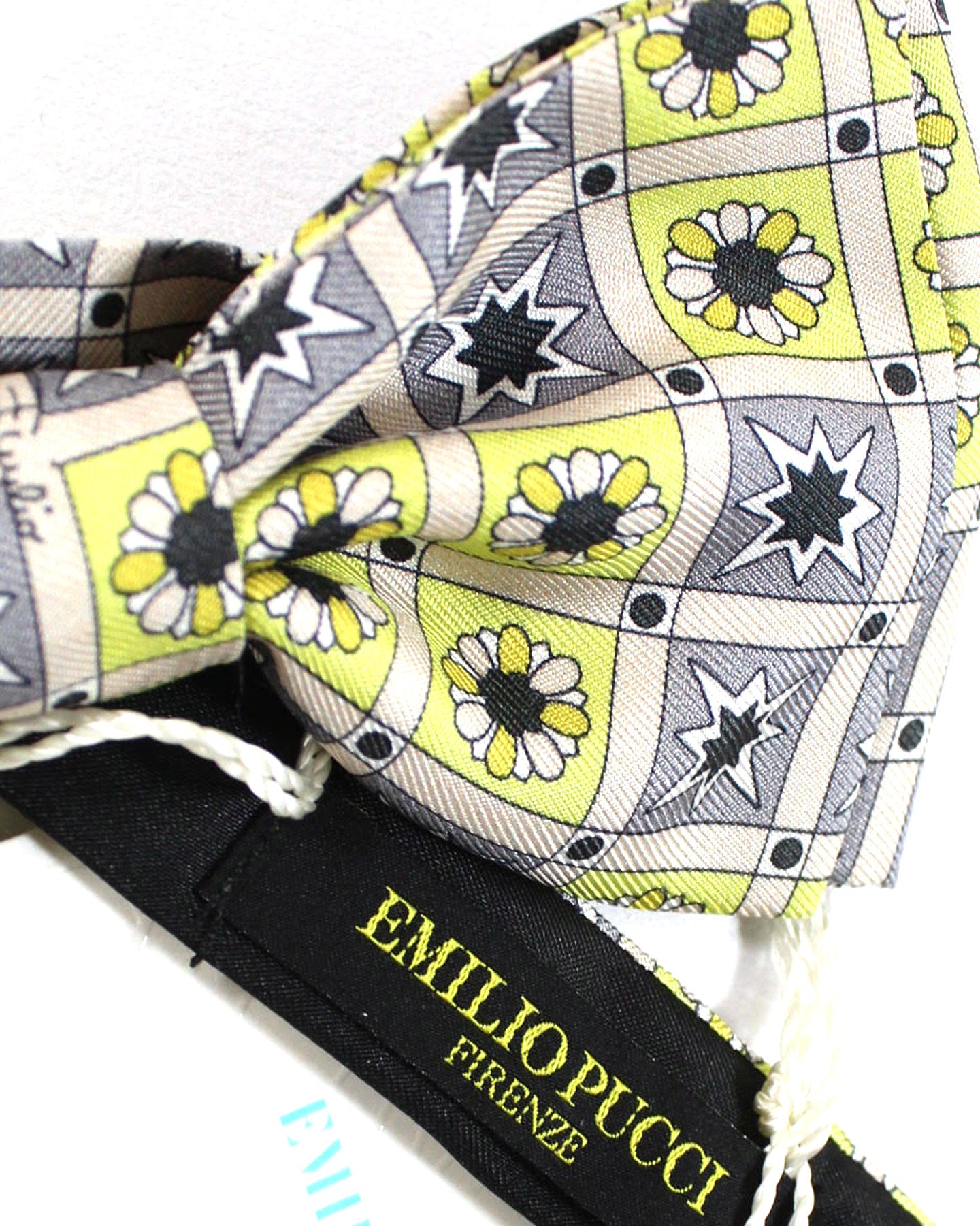 Emilio Pucci Silk Bow Tie Gray Bright Yellow Floral Gingham Design - Made In Italy