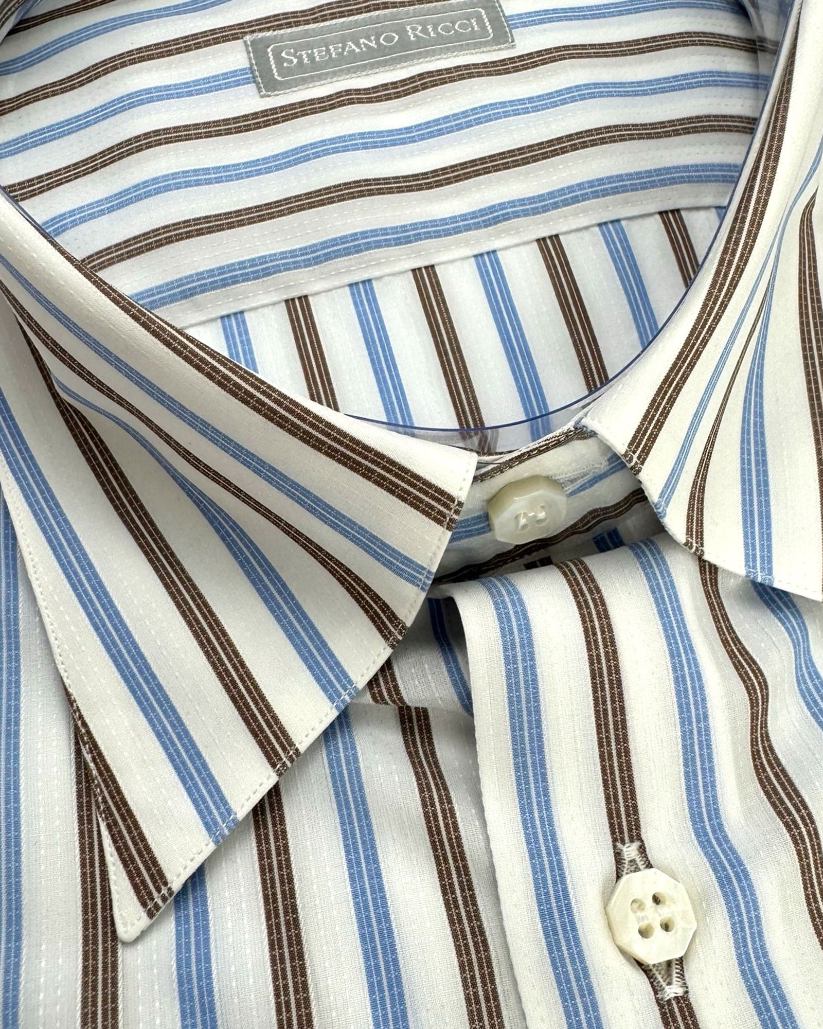Stefano Ricci Short Sleeve Shirt White Blue Brown Stripes 