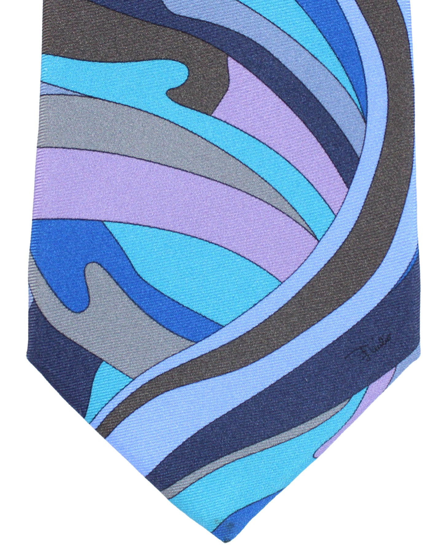 Emilio Pucci Silk Tie Signature Blue Gray Brown Lilac Swirl Design