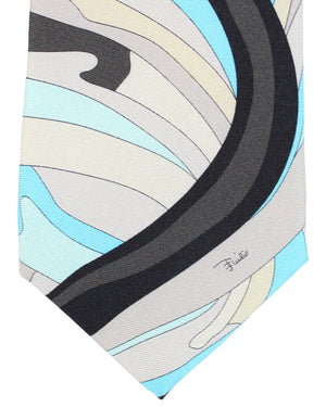 Emilio Pucci Silk Tie Signature Aqua Gray Swirl Design