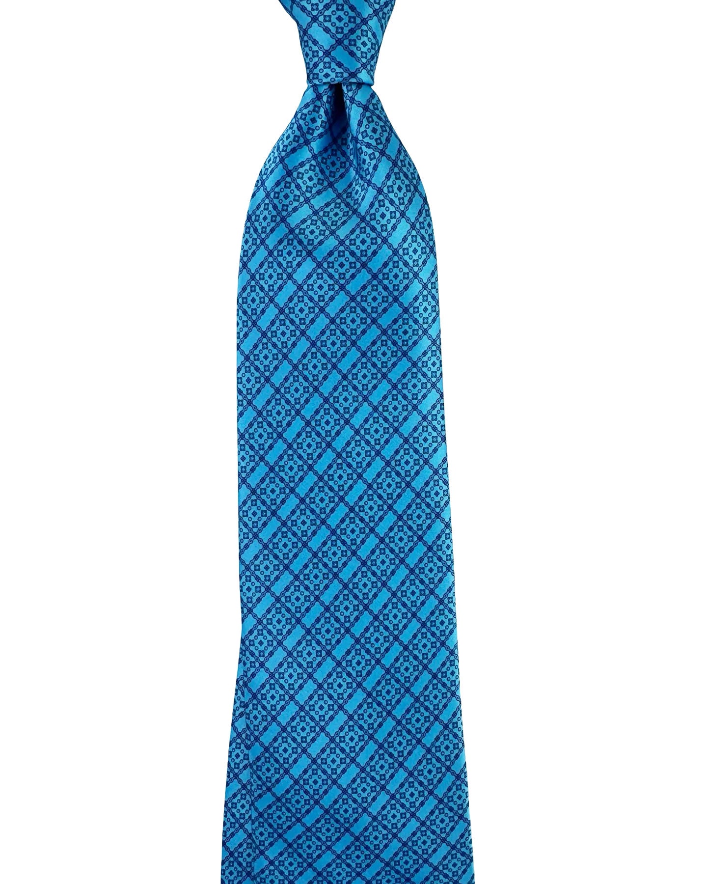 Stefano Ricci Silk Tie Aqua Blue Navy Medallion Grid Pattern