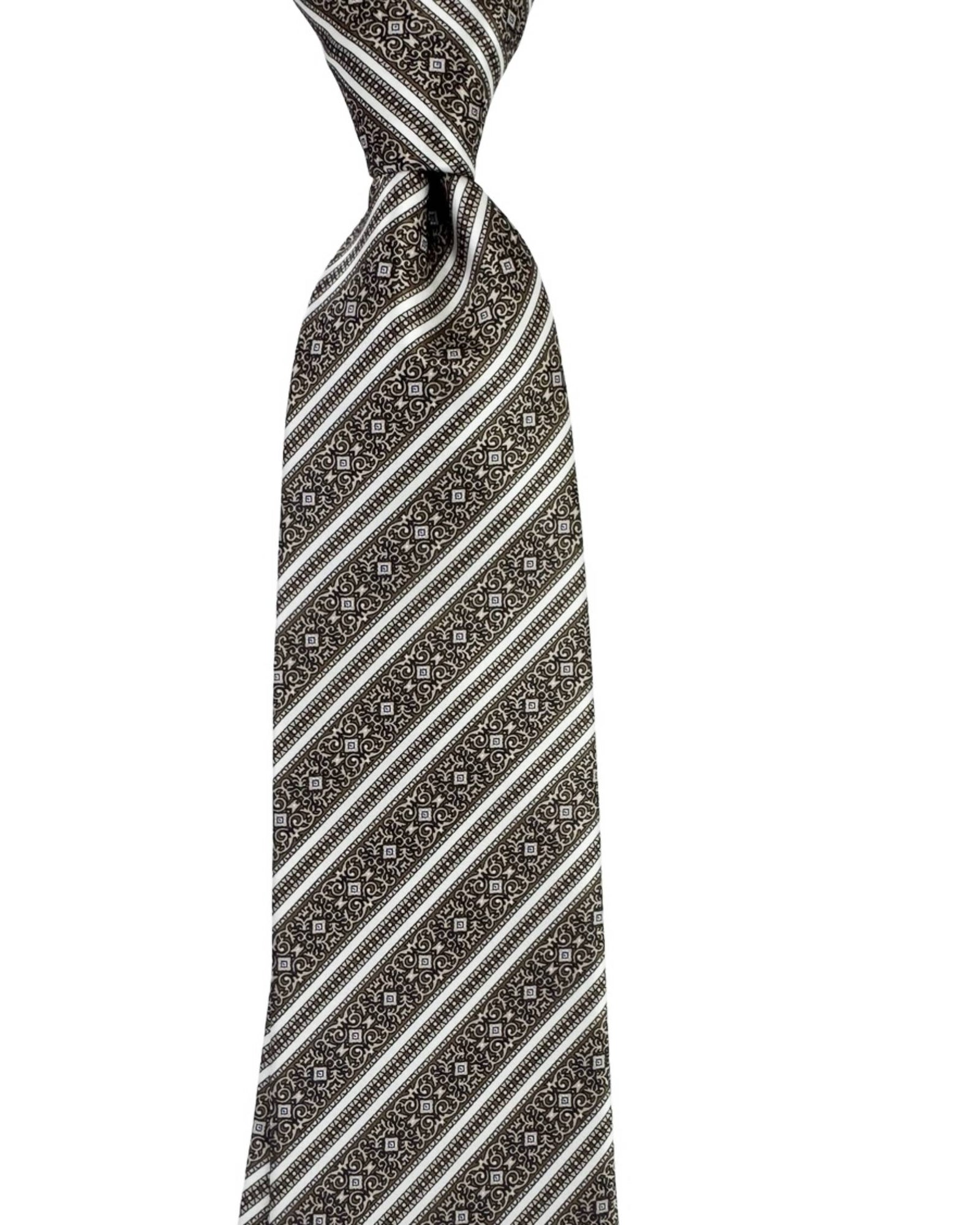Stefano Ricci Tie Taupe Brown Silver Ornate Stripes