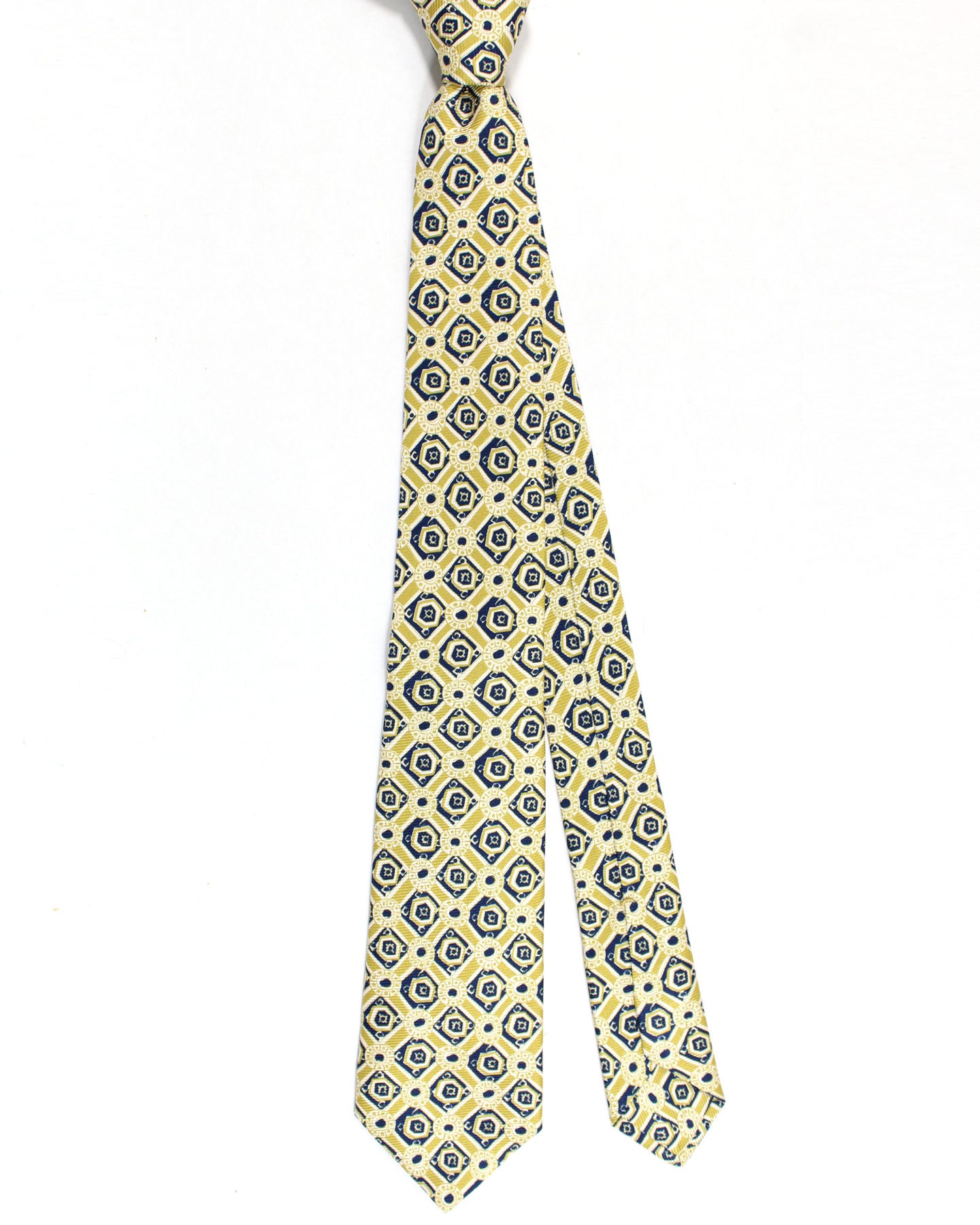Sartorio Sevenfold Tie Chartreuse Navy Medallions Design