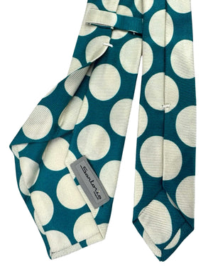 Sartorio Napoli Sevenfold Tie Petrol Blue White Large Polka Dots