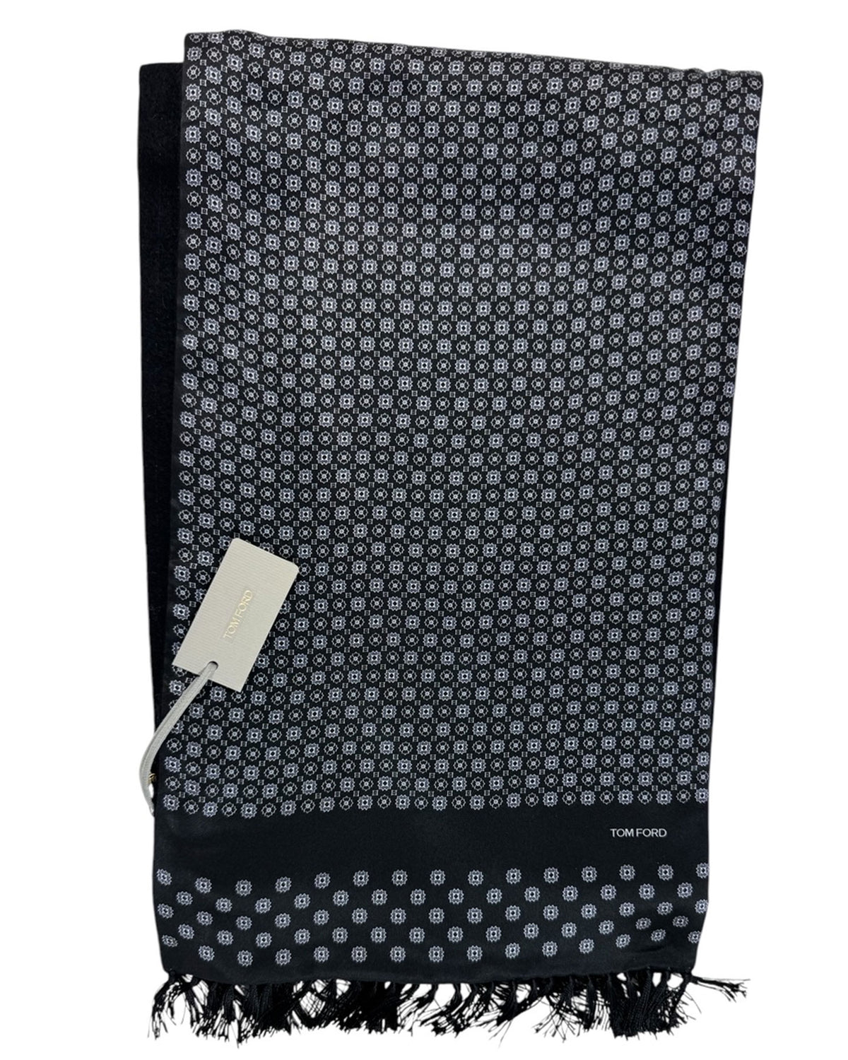 Tom Ford Scarf Black Silver Geometric Fringe Cashmere Silk