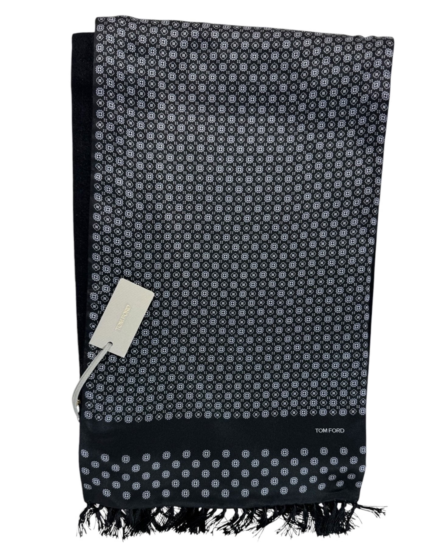Tom Ford Scarf Black Silver Geometric Fringe Cashmere Silk