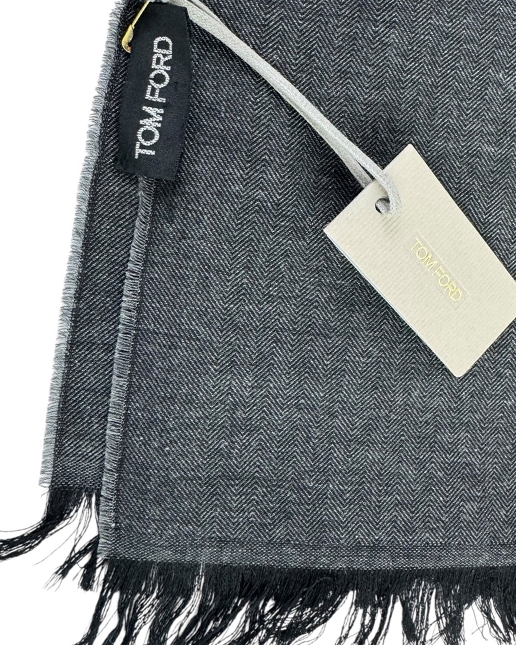 Tom Ford Scarf Gray Black Solid Herringbone - Cashmere Silk Shawl