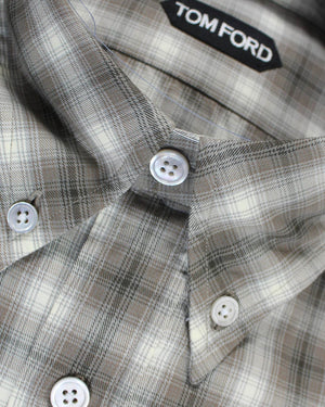 Tom Ford Button Down Sport Shirt Taupe Gray Plaid Check 39 - 15 1/2 SALE