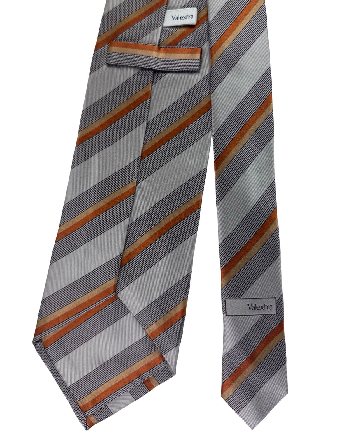 Valextra Silk Tie Grey Stripe with Brown Accents- Wide Necktie