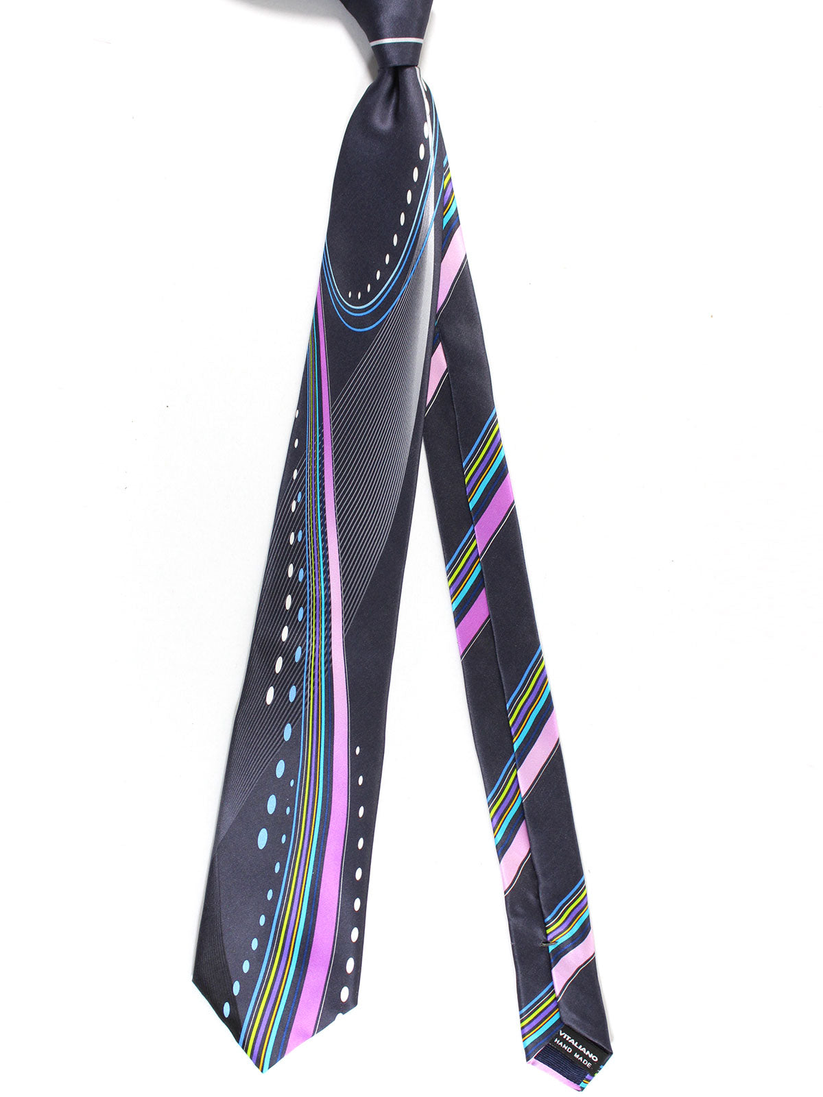 Vitaliano Pancaldi Tie Black Lilac Aqua Swirl Design
