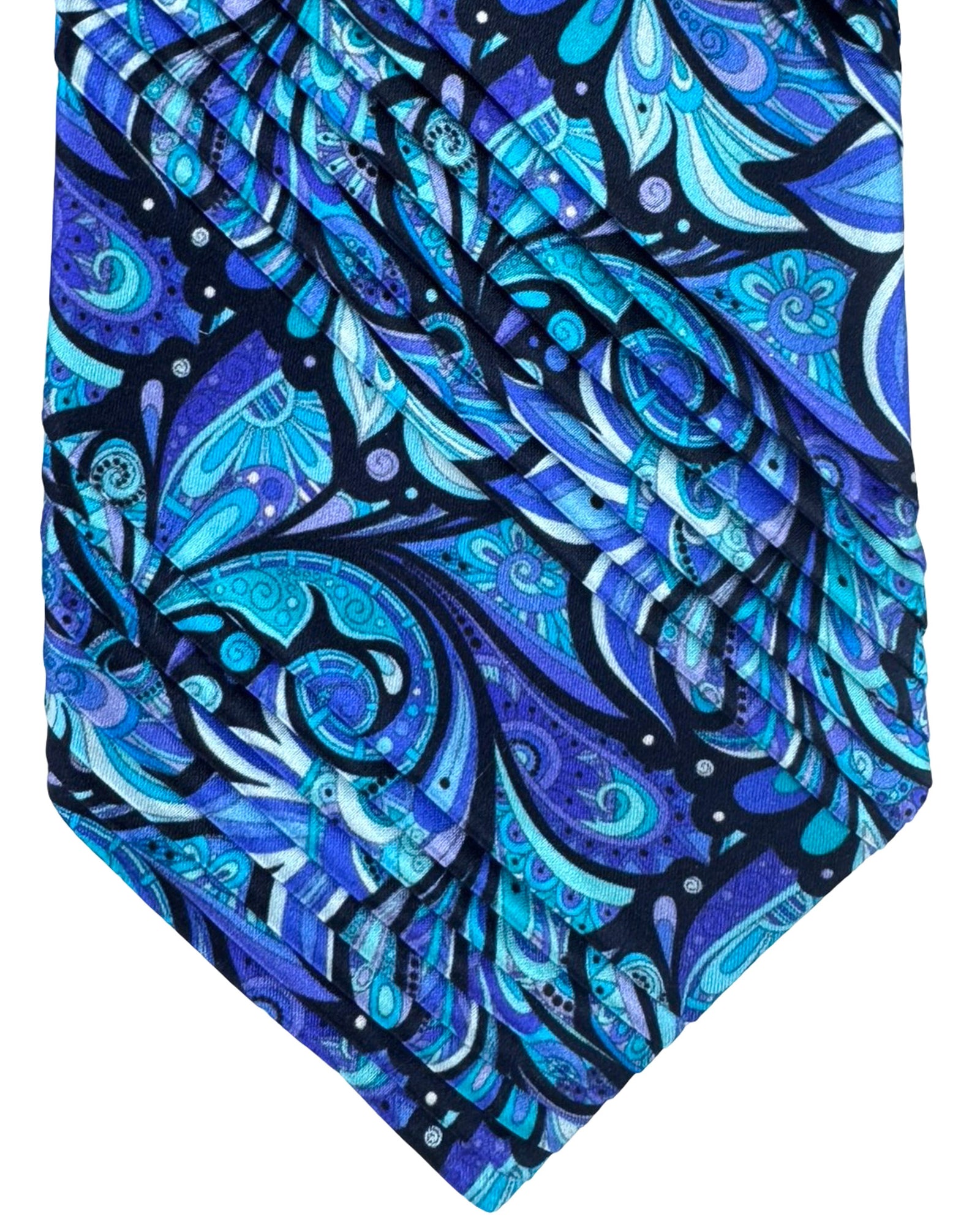 Vitaliano Pancaldi Pleated Silk Tie Blue Purple Aqua Floral