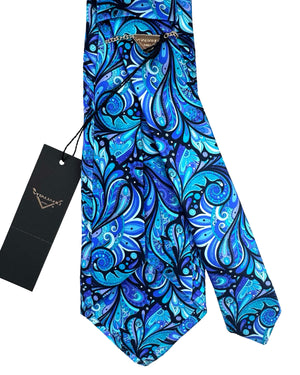 Vitaliano Pancaldi Pleated Silk Tie Blue Purple Aqua Floral