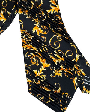 Vitaliano Pancaldi Pleated Silk Tie Black Gold Baroque