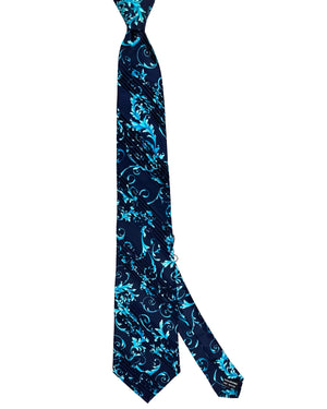 Vitaliano Pancaldi Pleated Silk Tie Midnight Blue Aqua Baroque