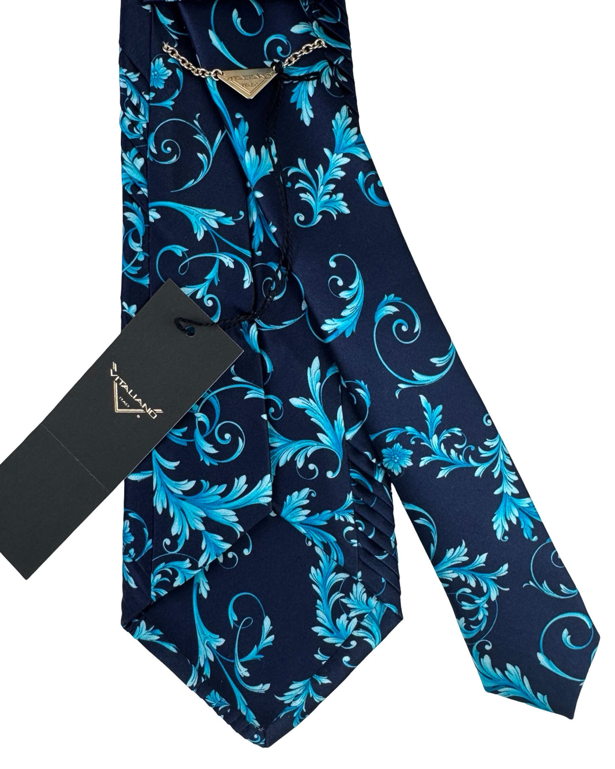 Vitaliano Pancaldi Pleated Silk Tie Midnight Blue Aqua Baroque