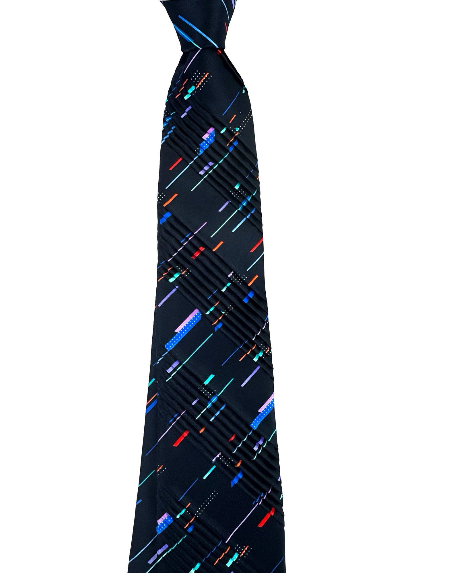 Vitaliano Pancaldi Pleated Silk Tie Black Multi Color Lines Design