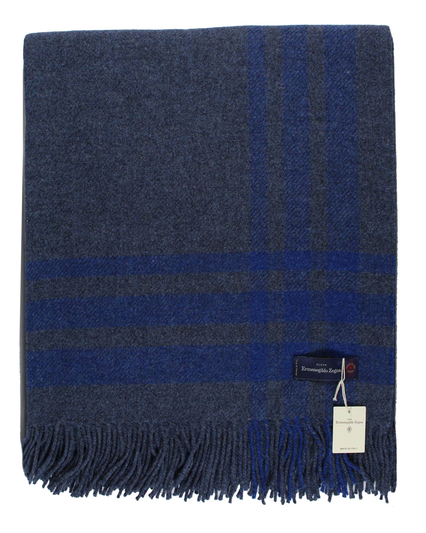 Ermenegildo Zegna Throw Blanket Gray Royal Blue Wool Alpaca Cashmere